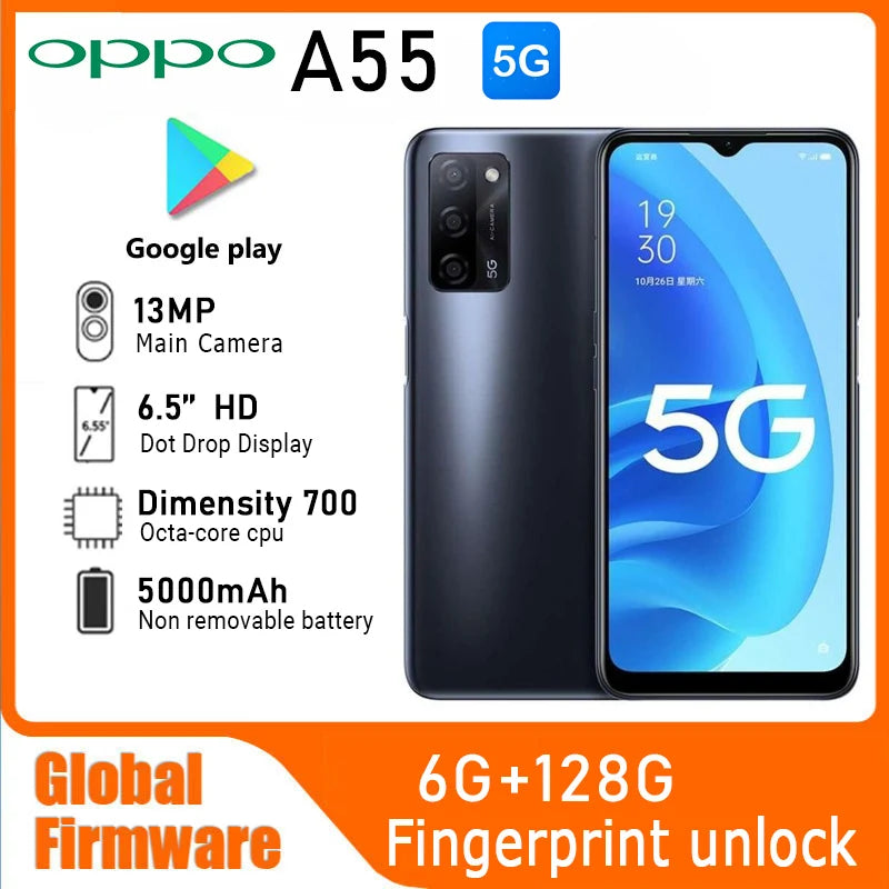 OPPO A55 5G LTE GSM Unlocked 6.5" 13MP Triple camera (Dual SIM)(Dimensity 700)(Black/Blue Global) 5000mAh used phone