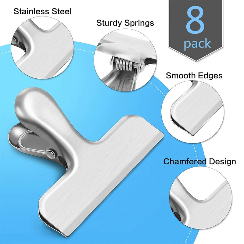 8Pcs Bag Clips 4 Size Stainless Steel Chip Bag Clips Heavy Duty Air Tight Seal Grip Coffee Food Bag Clamps Snack Clips