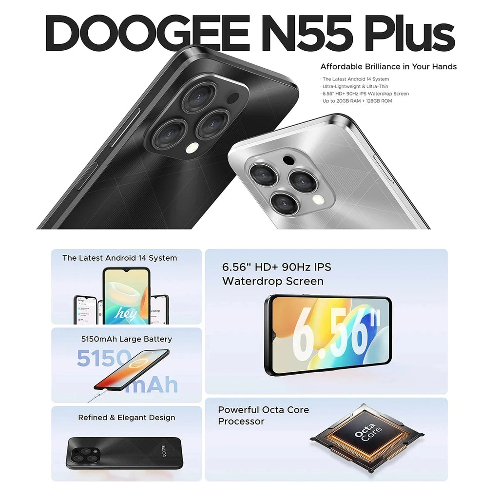 DOOGEE N55 Smartphone 5G 6.56 "90Hz IPS Screen Telephone Portable 4GB+ 128GB UNISOC T606 AI Triple Camera Smartphone Android 14
