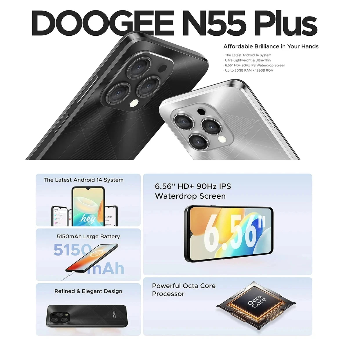 DOOGEE N55 Smartphone 5G 6.56 "90Hz IPS Screen Telephone Portable 4GB+ 128GB UNISOC T606 AI Triple Camera Smartphone Android 14