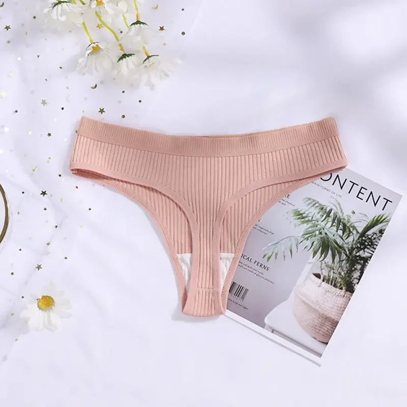 Cotton G-string Panties Women's Sexy Seamless Ribbed T-shaped Underpants Ladies Thong Solid Color Low Waist Bikini Briefs M-XXL