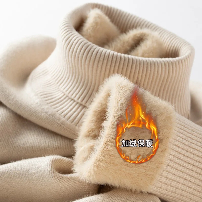 Men‘s Thermal Fleece High-neck Sweater Winter Turn-down Collar Fleece-lined Knitted Pullover Casual Keep Warm Thick Bottom Tops