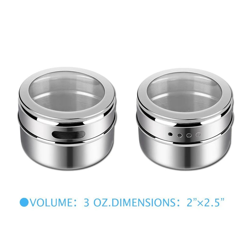 LMETJMA Magnetic Spice Tins Stainless Steel Spice Jars with Clear Shaker Lids Pepper Spice Storage Jars With Spice Labels KC0050