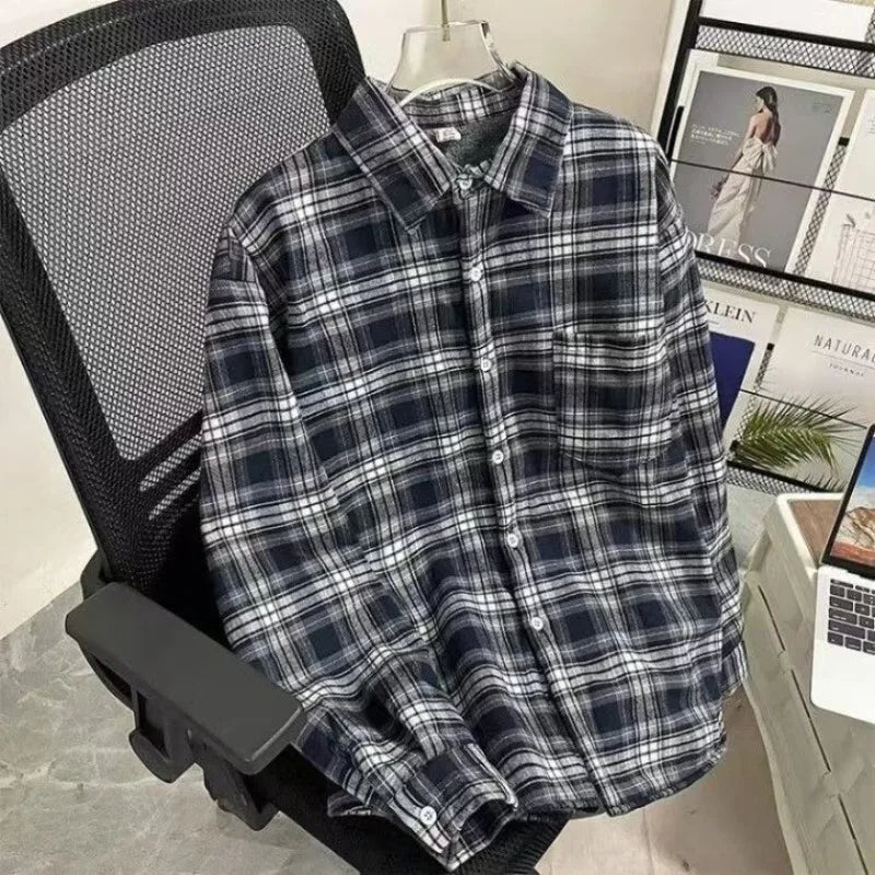 Men's Fleece Shirt Winter Thickened Long Sleeve Warm Shirts Black White Plaid Casual Button with Pocket All Matching Tops Coats