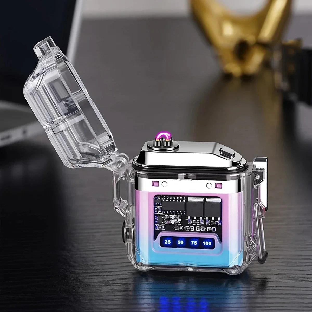 Outdoor waterproof lighting electric lighter - transparent curved design with rechargeable power display screen