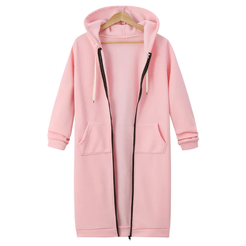 Women's Fleece Hooded Sweatshirt Long Sleeve Mid-Length Pullover Coat