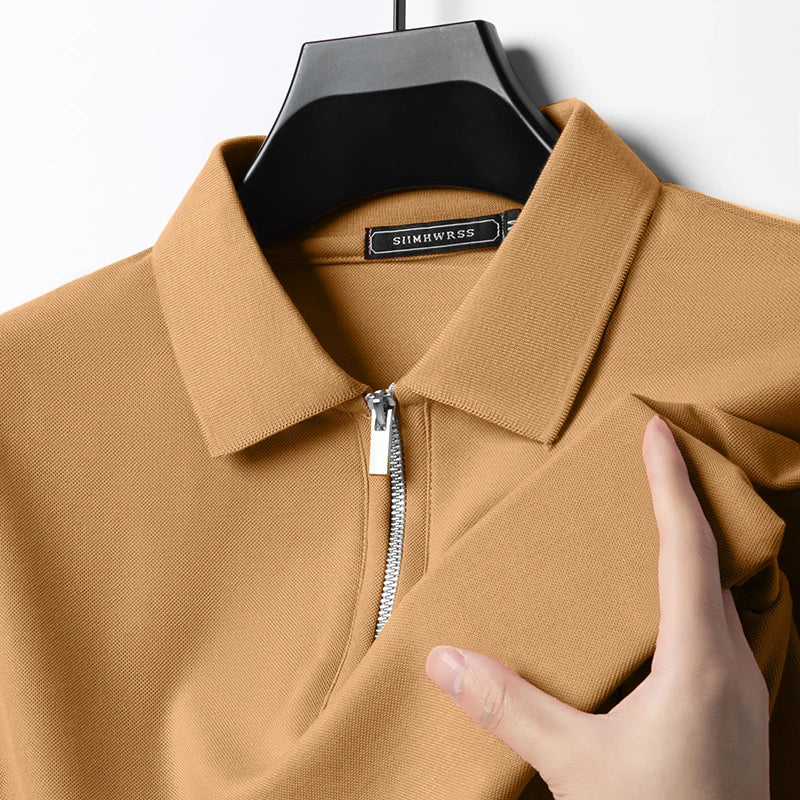 Summer New Men's Casual Slim Fit Polo Shirt Flip Collar Breathable Half Zipper Short Sleeve Top Solid Color Comfortable T-shirt