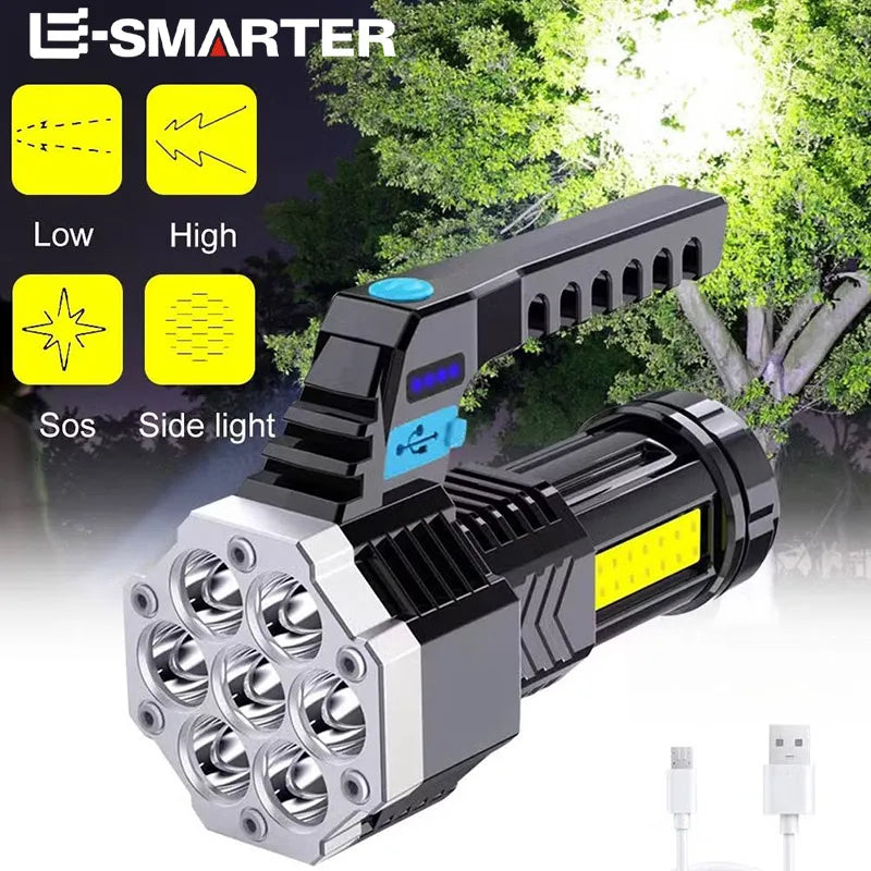 High Power Rechargeable Led Flashlights 7LED Camping Torch With Cob Side Light Lightweight Outdoor Lighting ABS Material