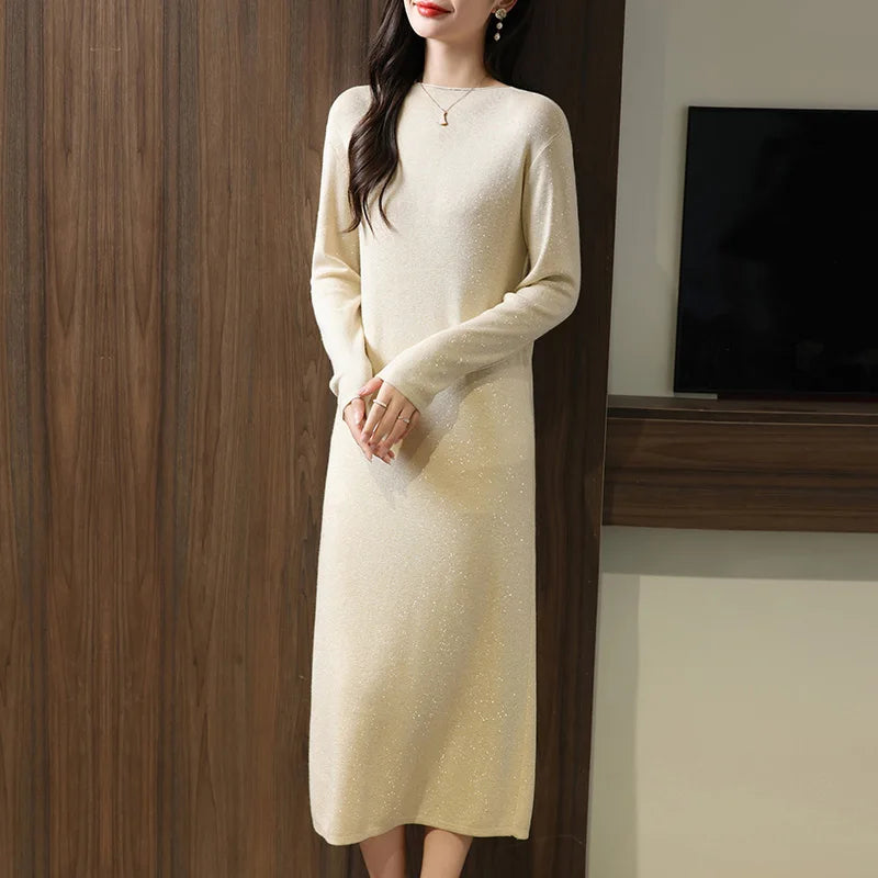 Autumn And Winter New Round Neck Long Warm Straight Skirt Women's Solid Color Wool Knitted Bottoming Skirt Sweater Dress