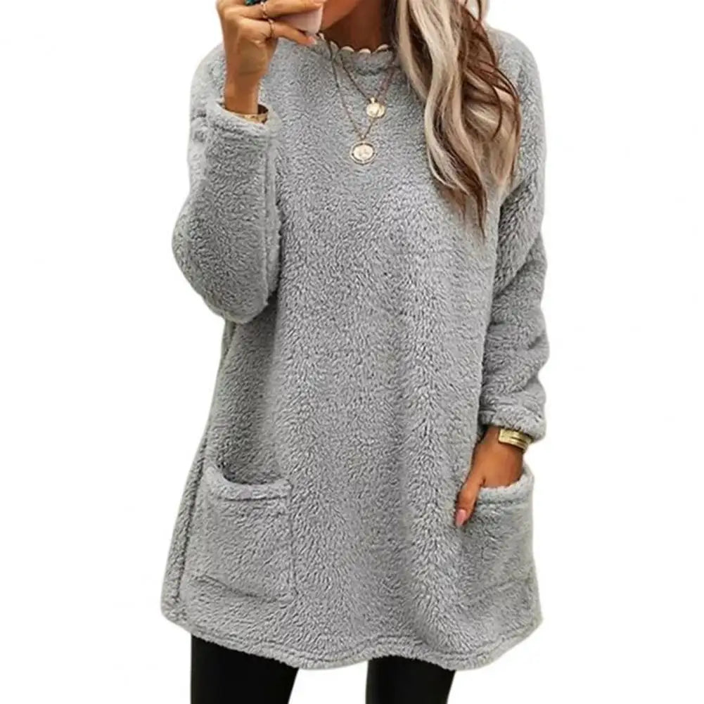 2025 Women Fall Winter Sweatshirt Thick Plush Windproof Sweatshirt Half-high Collar Warm Casual Mid Length Pockets Sweatshirt