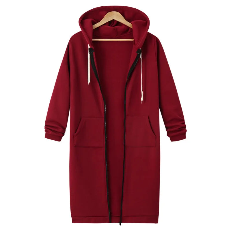 Women's Fleece Hooded Sweatshirt Long Sleeve Mid-Length Pullover Coat