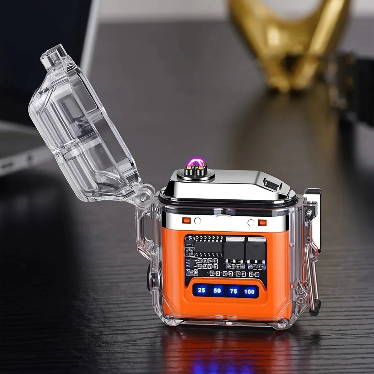 Outdoor waterproof lighting electric lighter - transparent curved design with rechargeable power display screen