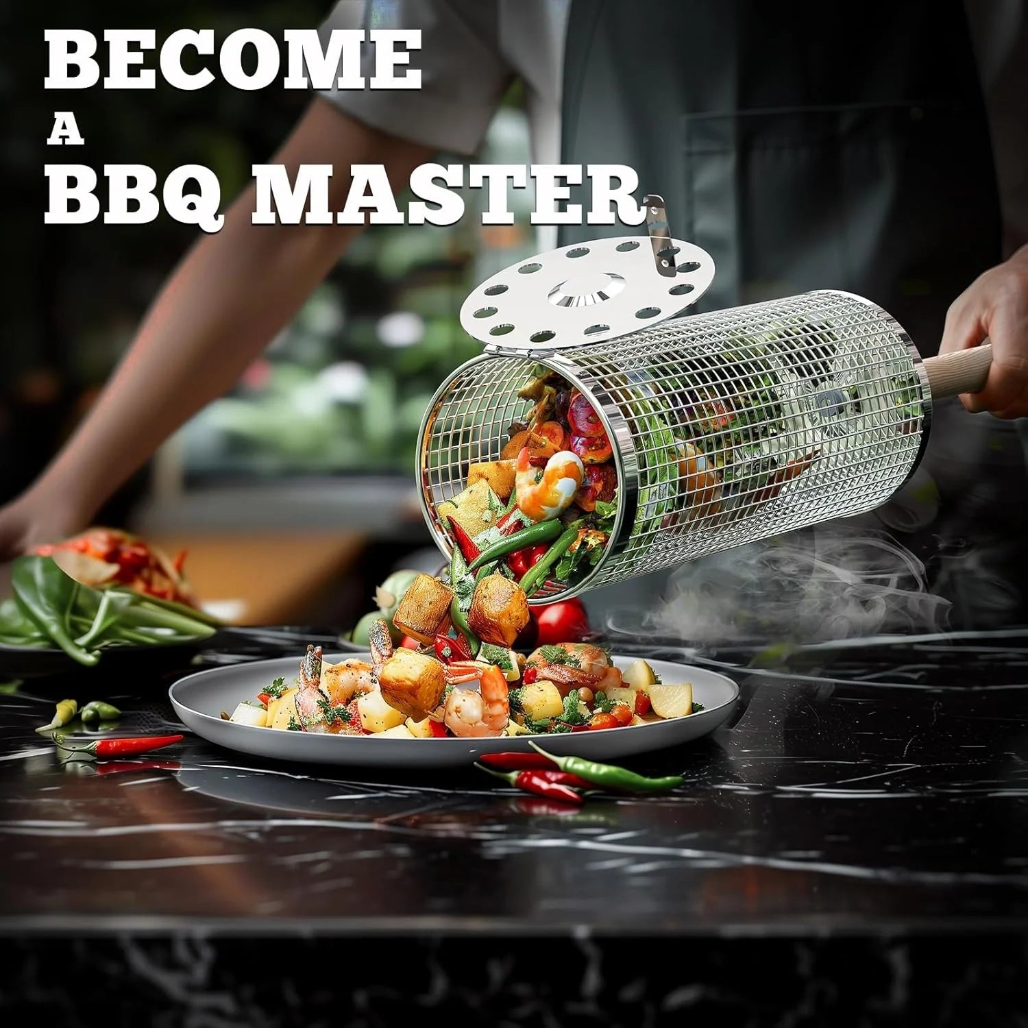 Rolling BBQ Cage with Wooden Handle - Outdoor BBQ Grill Basket | 304 Stainless Steel Grill Cylinder & Grill Net