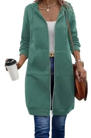 Women's Fleece Hooded Sweatshirt Long Sleeve Mid-Length Pullover Coat