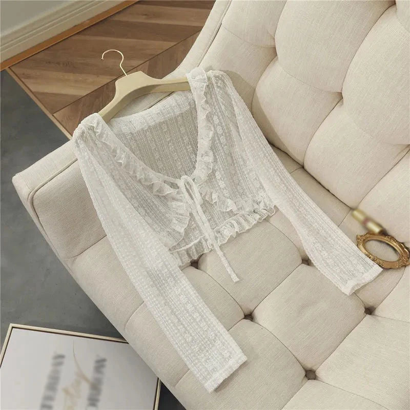 Lace Ruffle Shirt  Y2Y Korean Summer Cardigan Sunscreen Women Casual Fashion Long Sleeves Short Shirts Sun Protection Clothing