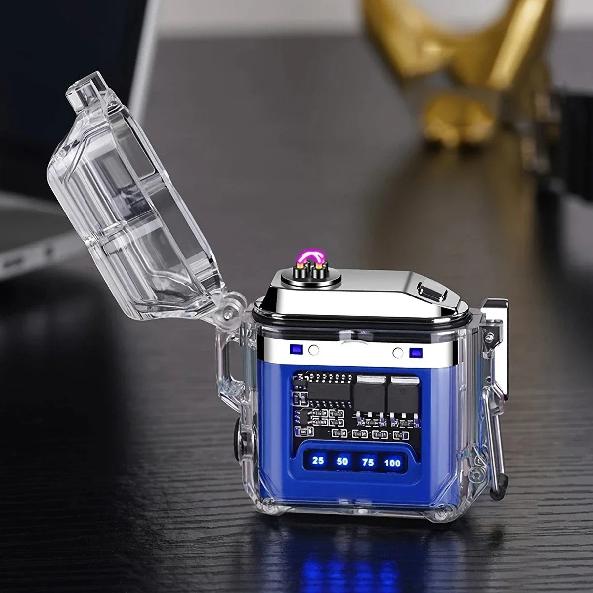 Outdoor waterproof lighting electric lighter - transparent curved design with rechargeable power display screen