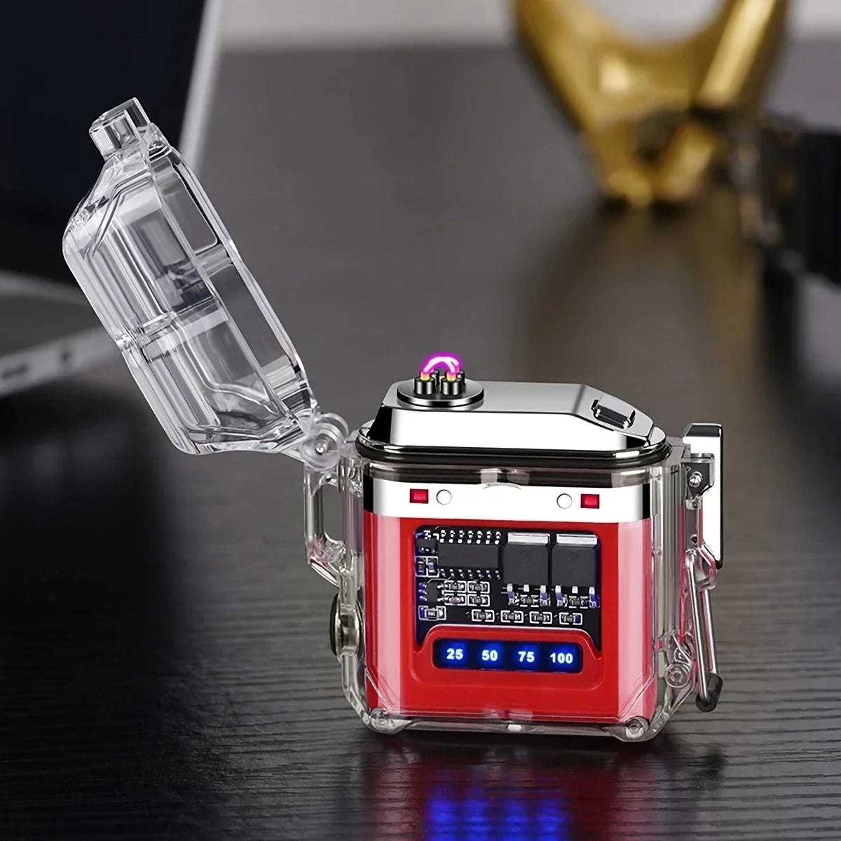Outdoor waterproof lighting electric lighter - transparent curved design with rechargeable power display screen