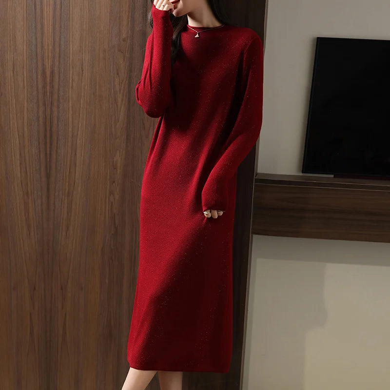 Autumn And Winter New Round Neck Long Warm Straight Skirt Women's Solid Color Wool Knitted Bottoming Skirt Sweater Dress