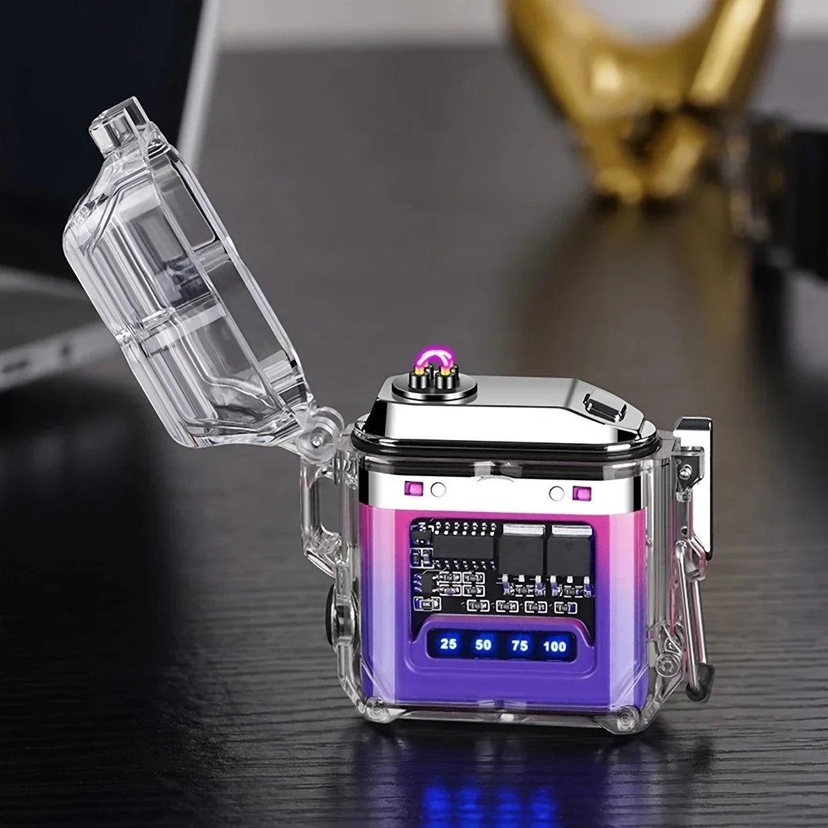 Outdoor waterproof lighting electric lighter - transparent curved design with rechargeable power display screen