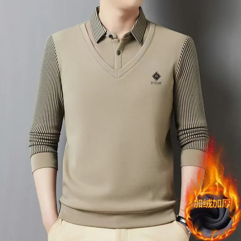 Autumn Winter Men's Polo Collar Pullover Striped Fleece Thick Slim Fit Tops Fake Two Pieces Knitwear Business Causal Sweaters