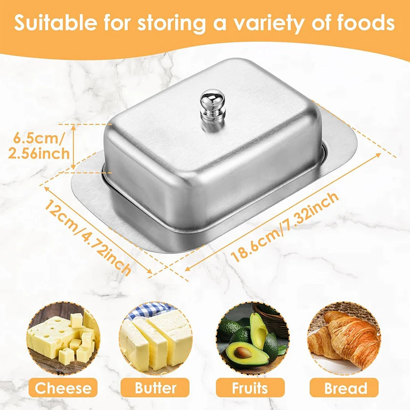 Butter Dish with Lid Stainless Steel Butter Cheese Storage Box Kitchen Butter Tray with Knob Handle Butter Keeper Container
