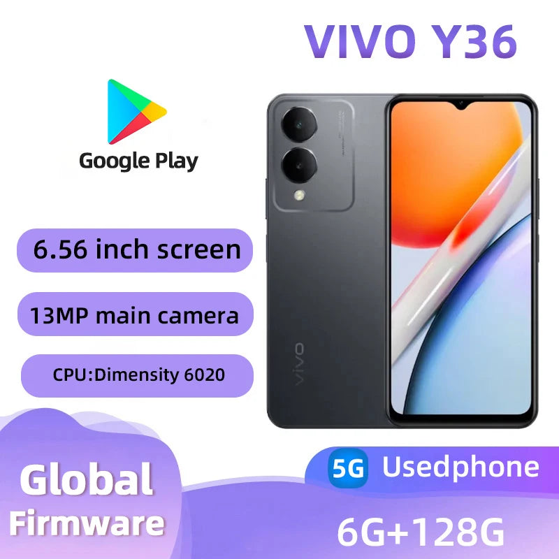 VIVO Y36 5g Smartphone Android CPU Dimensity 6020 6.56inches Screen ROM 128GB 90HZ 15W Charge 13MP+5MP  used phone