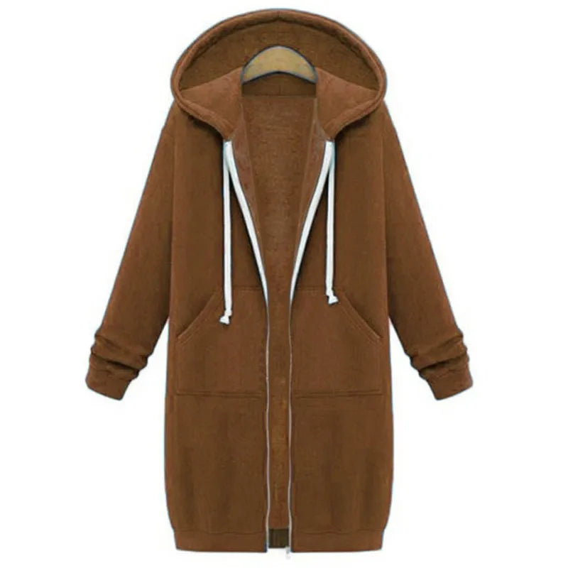 Women's Fleece Hooded Sweatshirt Long Sleeve Mid-Length Pullover Coat