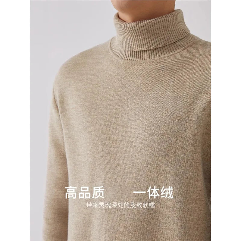 Men‘s Thermal Fleece High-neck Sweater Winter Turn-down Collar Fleece-lined Knitted Pullover Casual Keep Warm Thick Bottom Tops